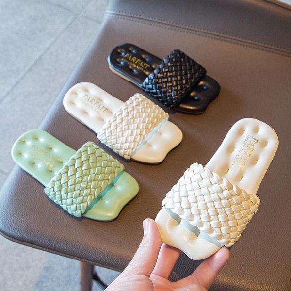 

slipper children' sandals 2021 summer middle school girls' knitting soft bottom slippers children flat girls platforms, Black;grey