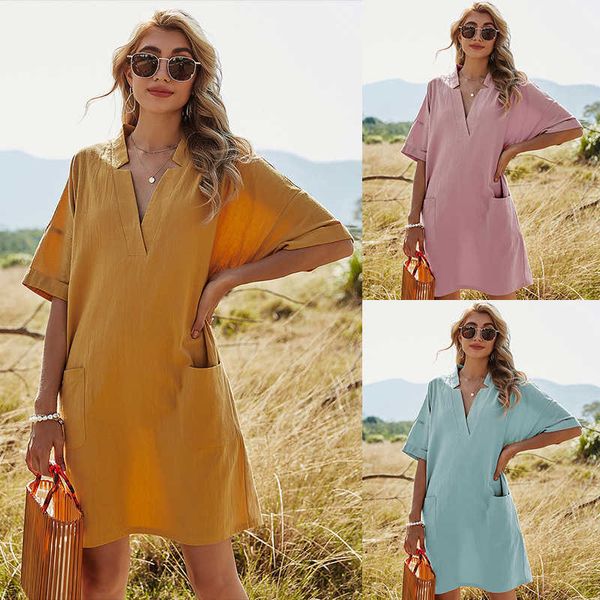 Primavera senhoras vestido verão v neck bolsos grandes manga meia cor sólida mini algodão casual mulheres soltas oversize es 210526