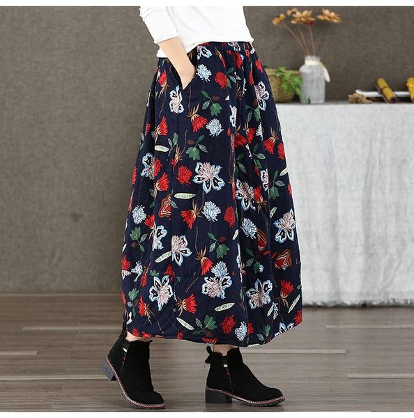 

skirts ethnic style floral printed cotton retro elastic waist thicken skirt mori girl 2021 winter, Black