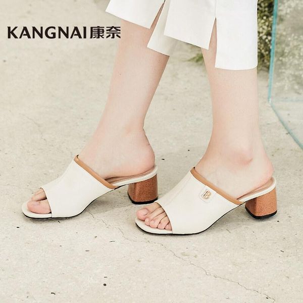 

slippers kangnai women outdoor genuine leather high heels summer shoes ladies slides, Black