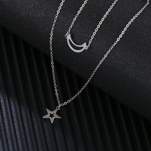 

pendant necklaces women fashion star moon love heart cross stainless steel double layer choker long chain necklace jewelry gifts, Silver
