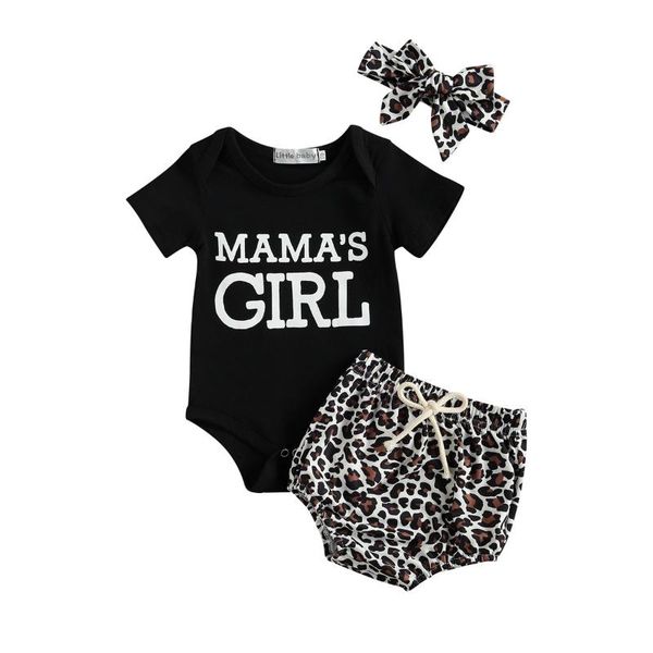 

clothing sets 2021 0-18m mama girl infant baby letter print short sleeve romper bow leopard triangle shorts+headband, White