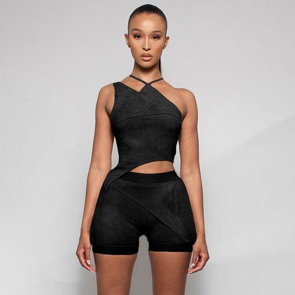 

women's tracksuits velour asymmetry two piece set women avocado halter dress suits+crease shorts sets matching outfit female workout at, Gray