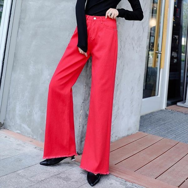 

cotton high waist straight womens jeans pants autumn red wide leg woman boyfriend for women trousers, Blue