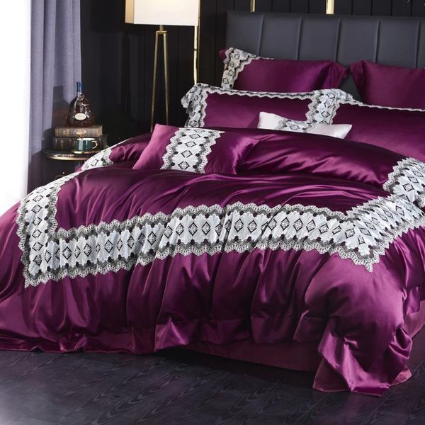 

bedding sets luxury silk-cotton lace embroidered long staple cotton set solid duvit cover pillowcase king  4 pcs sheet