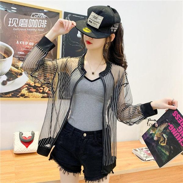 

women's jackets 2021 summer sun protection long sleeve hollow transparent baseball jacket o-neck female women thin loose wild shawl coa, Black;brown