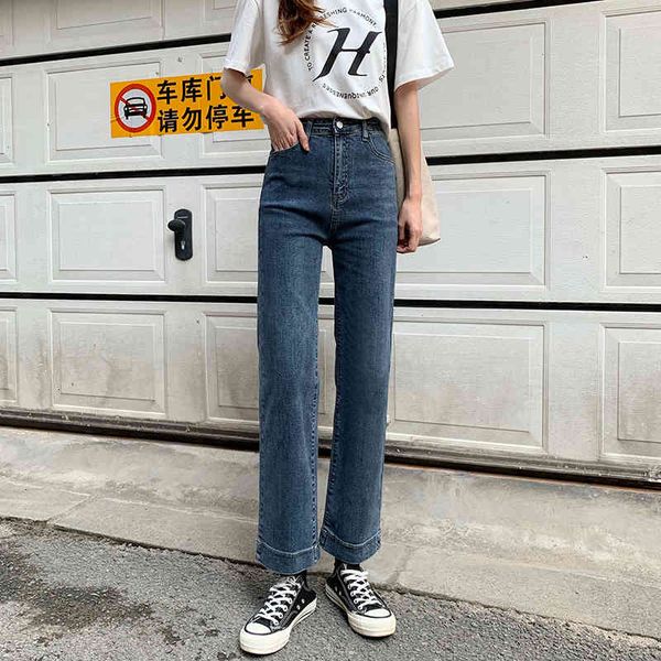 

jeans korean style vintage straight high waist jeans women slim loose solid color streetwear boyfriend casual denim trousers plus size vk zc, Blue