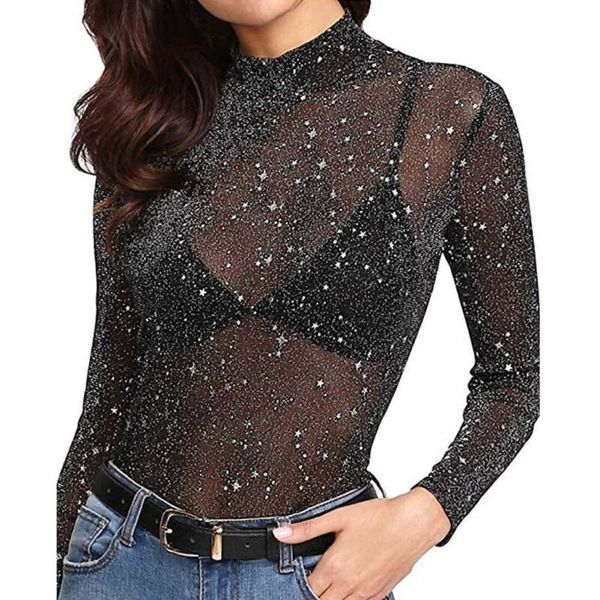 

ladies fashion slim fit shirt women lace sheer mesh perspective female blouse long sleeve brozening shirts blusa mujer x0521, White