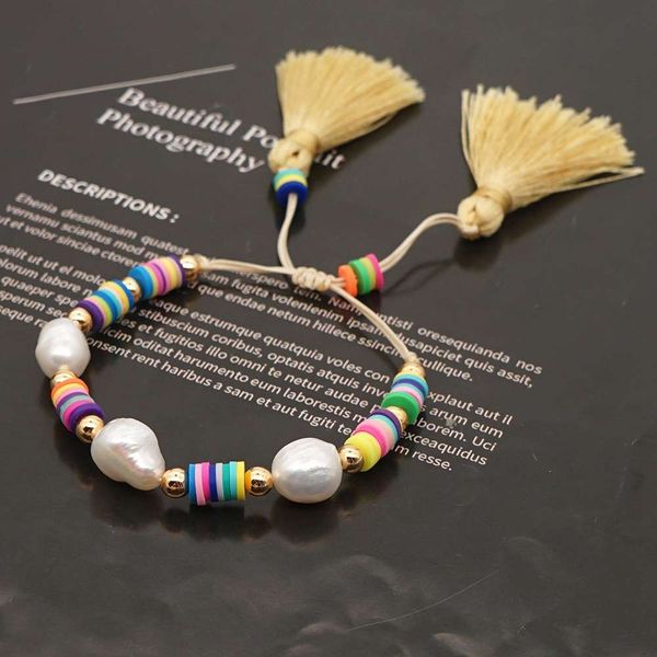 

bohemian beach style natural pearl rice bead bracelet women's woven colorful soft pottery string tassel, Black