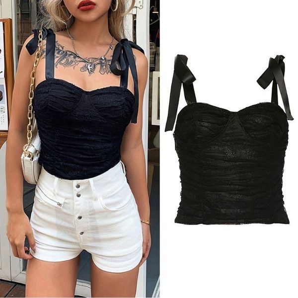 

women's tanks & camis women lace-up strap vest ruched mesh floral lace sleeveless backless slim bustier camisole, White