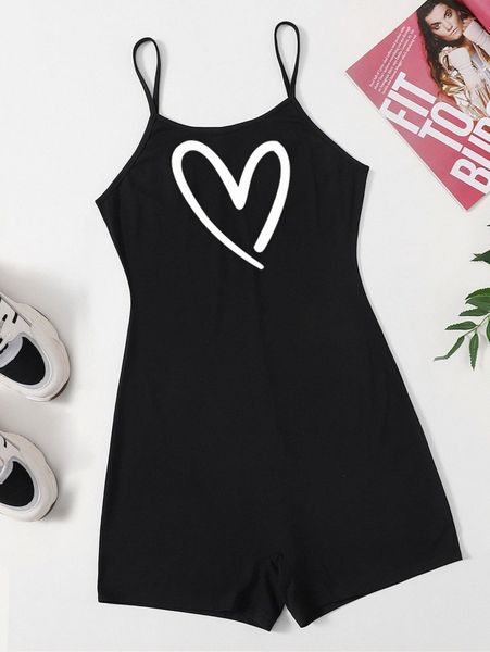 

plus heart print cami romper c5wd#, Black