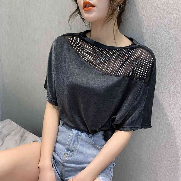 

women's t-shirt summer korean clothes t-shirt fashion shiny diamonds transparent women ropa mujer shirt short sleeve loose te, White