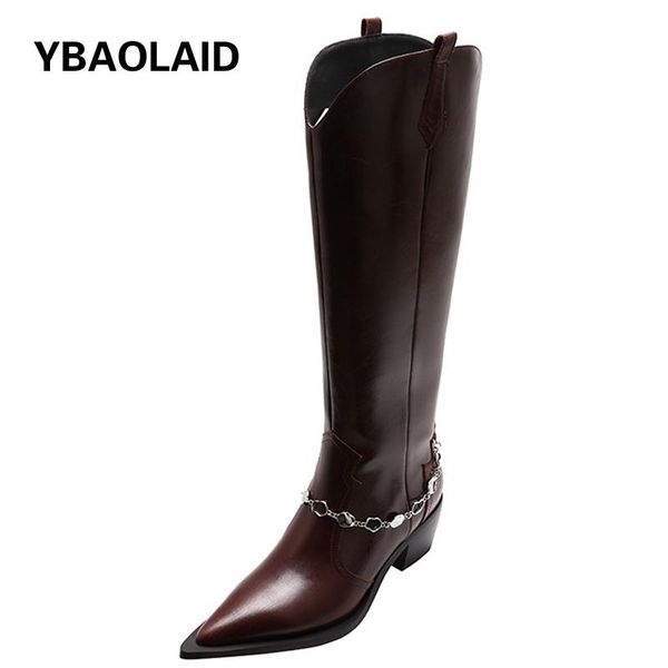 

boots vintage brown knight pointed toe thick heel high western cowboy 2021 fashionable handsome chain long, Black
