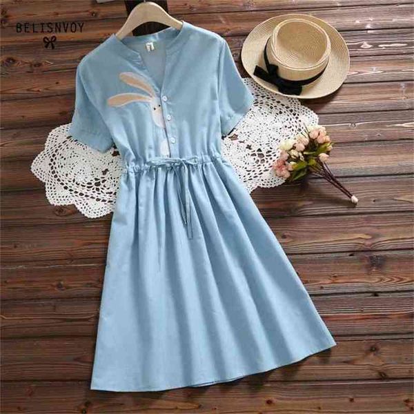 Mori Mädchen Sommer Frauen Kaninchen Stickerei Kleid V-ausschnitt Kordelzug Blau Femininos Vestidos Kurzarm Elegante 210520