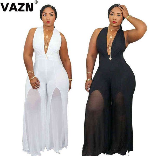 

vazn summer lady black white solid jumpsuits sleeveless long boot cut v-neck large size jumpsuits grenadine jumpsuits 211116