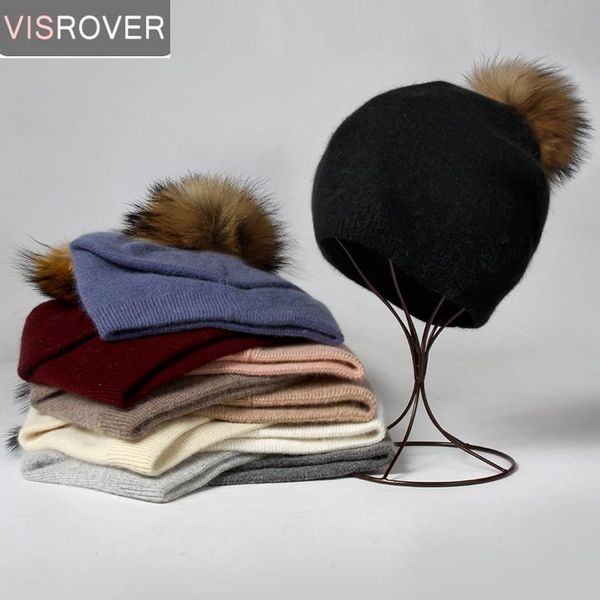 

beanies visrover 10 color winter solid hats real fur pompom cashmere woman skullies warm luxury beanie fashin bonnet gift