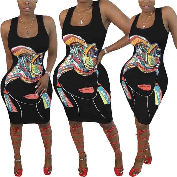 

summer women cartoon print v-neck sleeveless tank bodycon mini party club bandage mid-calf length pencil es, White;black