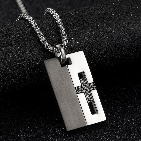 

cross necklace men black white pendant men's chain stainless steel fashion long jewelry on the neck accessorie necklaces, Silver