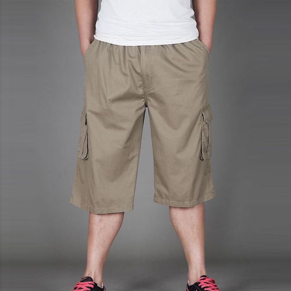 

men's pants summer plus size 3 4 trousers loose casual elastic waist calf lenght with pocket men wear 4xl 5xl 6xl, Black