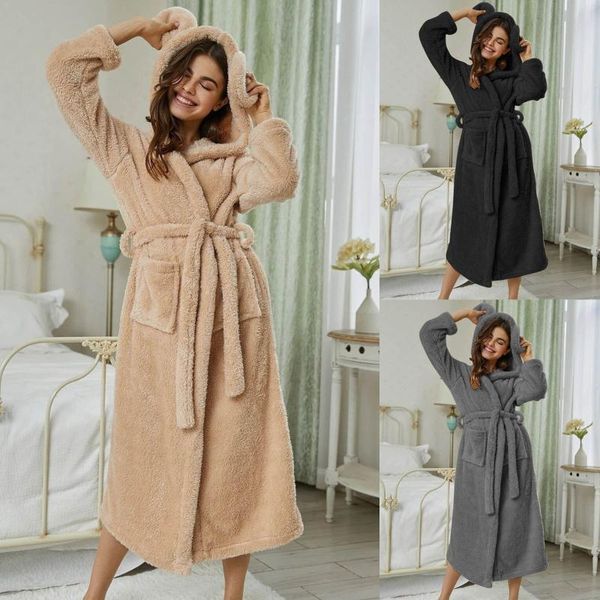 

women's sleepwear thicken hooded long robe gown kimono bathrobe for women flannel nightgown loose winter warm nightwear lingeries, Black;red