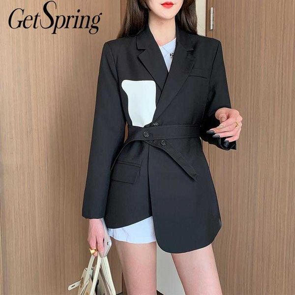

getspring women blazer bandage irregular color matching vintage blazers jackets asymmetry casual black suit coats 210601, White;black
