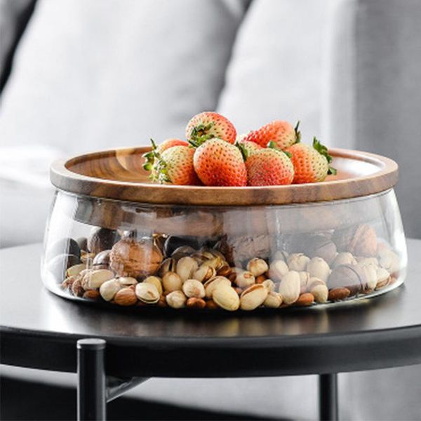 

dishes & plates home creative european-style wooden high-grade fruit tray double-layer glass dried melon seeds nut candy storage box