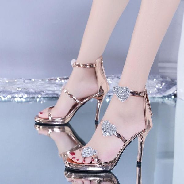 

high heels sandals shoes woman silver rhinestone wedding party summer height, Black