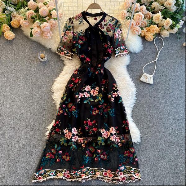 

women womens dresses fashion contrast bow round neck short sleeve slim embroidery flower a line dress elegant vestidos de mujer, Black;gray
