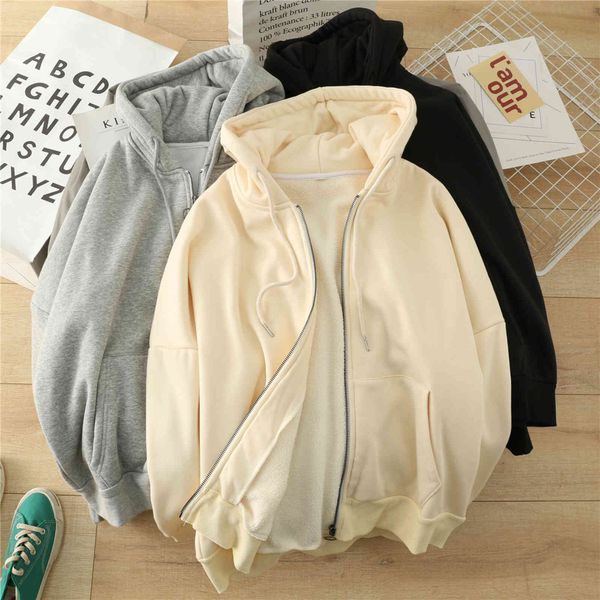 

hoodies hooded zipper jacket women's winter loose and versatile lazy wind plush thickened solid color thin warm cardigan sweater, Black