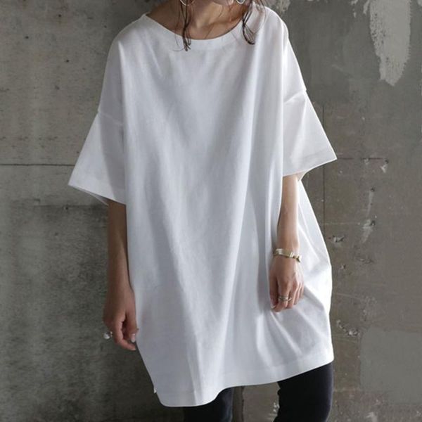 

t-shirt mid-length short-sleeved tee loose plus size 2021 summer round neck white fresh japan and south korea simple women's