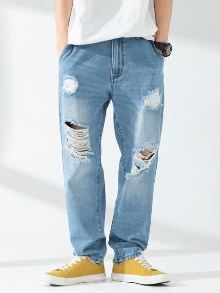 

men bleach wash ripped frayed tapered jeans q8yl#, Blue