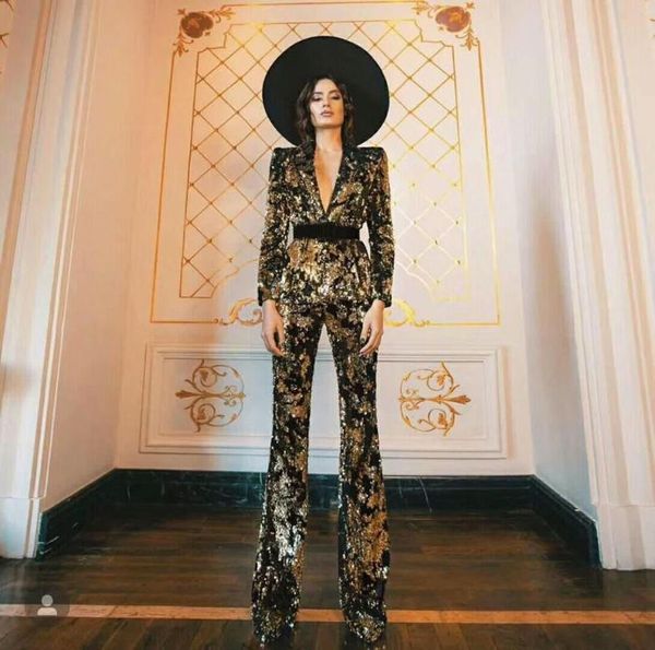 

women's jumpsuits & rompers gold sequined two piece v-neck long sleeve bandage 2021 women vestidos evening bodycon party jumpsuit, Black;white
