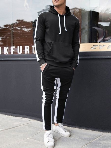 

men contrast side seam drawstring hoodie & sweatpants n2j4#, Gray