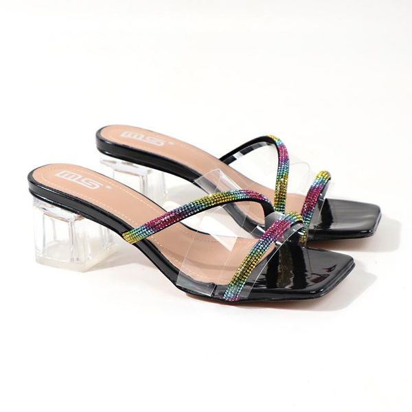 

women's shoes 2021 summer crystal thick heel women slippers, high square toe with rhinestones and sandals slippers, Black