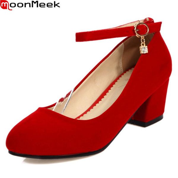 

dress shoes moonmeek fashion round toe pumps women high heels flock with buckle square heel wedding party red black woman