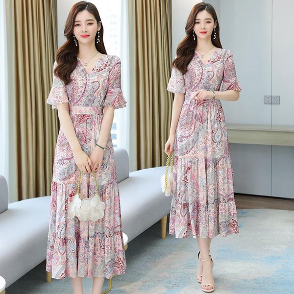 

casual dresses summer plus size bodycon midi sundress women elegant party pink vestidos 2021 print chiffon short sleeve boho beach maxi, Black;gray