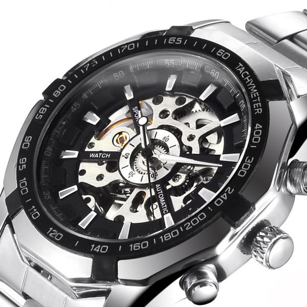 

wristwatches fngeen brand platinum wholesale high-end fashion steel automatic hollow mechanical men's watch, Slivery;brown