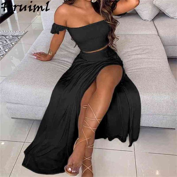 

split skirt and set off shoulder strapless crop long summer solid black beach club outfits mujer faldas 210513, White