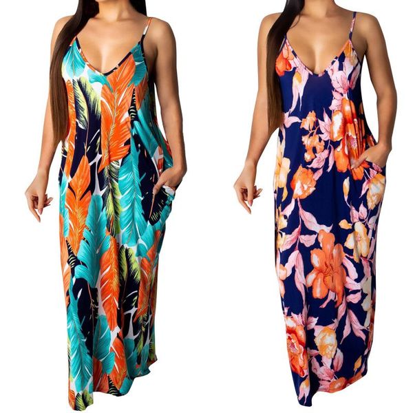 

casual dresses summer loose floral printing maxi holiday for women deep v-neck spaghetti strap backless long beach dress, Black;gray
