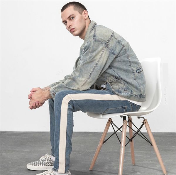 

jeans beige tape stripe drawstring biker jeans kanye west ny fit low waist denim jogger pants, Blue