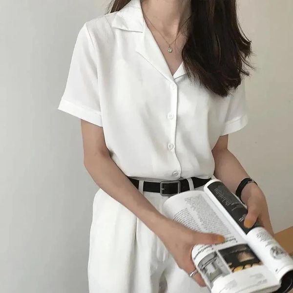 

women's blouses & shirts deeptown plain white button up shirt women summer cardigan short sleeve chemise elegant female oversize solid