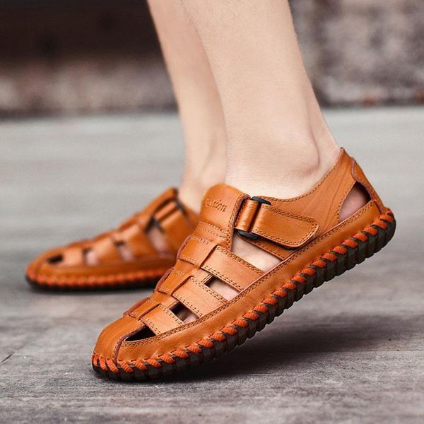 

sandals men's summer shoes 2021 leather casual beach roman large size hole, Black