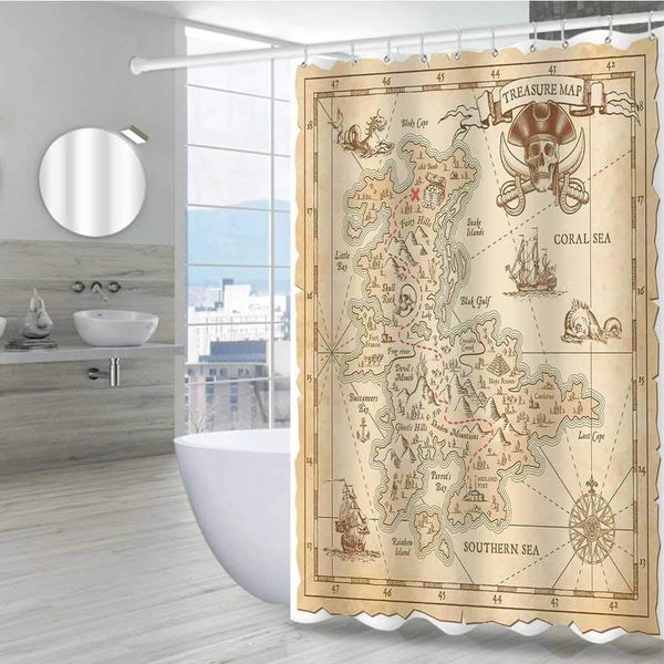 

ocean island decor stall shower curtain 72" w x 96" l, old ancient antique treasure map with details retro color adventure