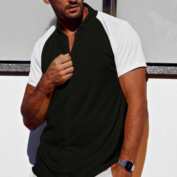 

men t-shirt color block loose stand collar patchwork short sleeve men's clothing streetwear fashionable tees summer 2021 t-shirts, White;black