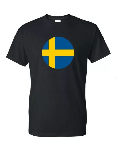 

round swedish flag t-shirt tee shirt black white cotton tshirt sweden se, White;black