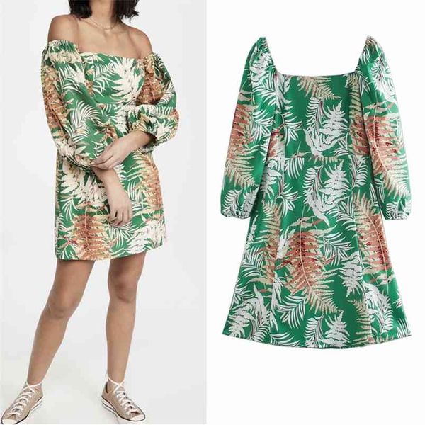 

women summer print mini dress long sleeve off shoulder slash neck female elegant fashion street resort style dresses vestidos 210513, Black;gray