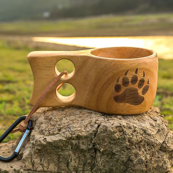

water bottle unique wooden cup bear claw tea classic wood drinking mug with metal hanging hook convenient for outdoor camping picnic