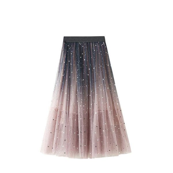 

skirts star sequins elastic waist women mesh sky long skirt female street-style summer black woman