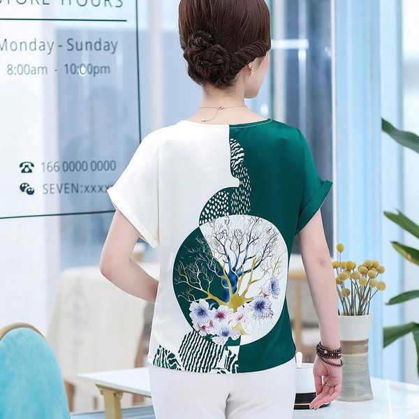 

women's blouses & shirts arrival female summer floral blouse patchwork colors silk round-neck clothes loose short batwing sleeve, White