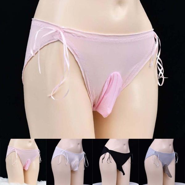 

underpants men seamless ultrathin underwear ice silk comfy breathable brief sheath pouch lace sissy erotic lingerie thin stretch pants, Black;white